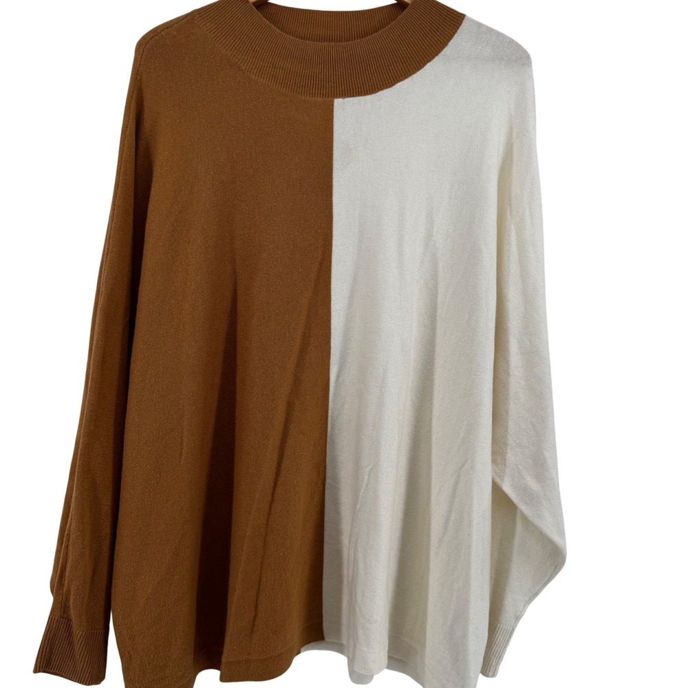 Candace Cameron Bure Women 2X Colorblock Mock Neck Sweater Brown Cream Plus Size
